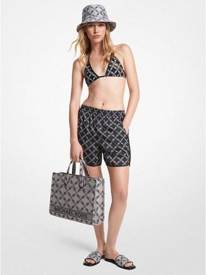 σορτσ γυναικεια Michael Kors Empire Logo Print Satin μαυρα Μπεζ | 847602-ISW