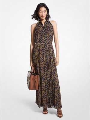 φορεμα γυναικεια Michael Kors Status Print Georgette Halter σκουρο μπλε χρυσο χρωμα | 368791-KPE