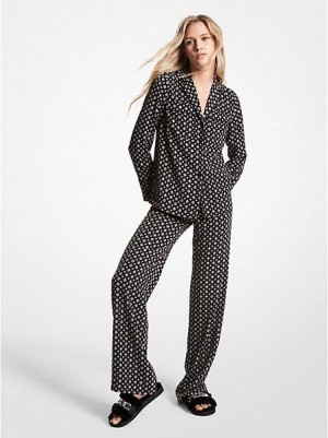 πουκαμισα γυναικεια Michael Kors Studded Medallion Crushed Crepe Pajama μαυρα ασπρα | 418795-UCD