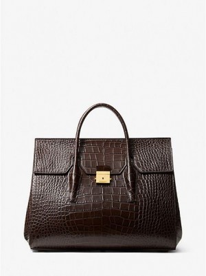 σαββατοκύριακο τσάντα γυναικεια Michael Kors Campbell Crocodile Embossed δερματινα σοκολάτα | 475361-NBF