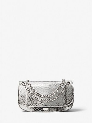 Μίνι Τσάντες γυναικεια Michael Kors Christie Metallic Python Embossed δερματινα Envelope ασημι | 290657-AHD