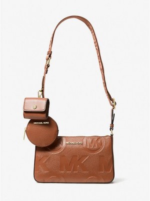 τσάντεσ χιαστί γυναικεια Michael Kors Jet Set Logo Embossed δερματινα καφε | 208973-WYT