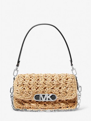 τσάντεσ ώμου γυναικεια Michael Kors Parker Medium Woven Straw Μπεζ μαυρα | 102786-KPQ