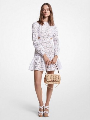 Μίνι Φόρεμα γυναικεια Michael Kors βαμβακερα Eyelet Cutout ασπρα | 648190-KDM