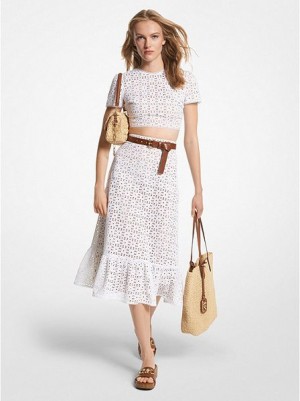 αμανικα μπλουζακια γυναικεια Michael Kors βαμβακερα Eyelet ασπρα | 529317-ZLC