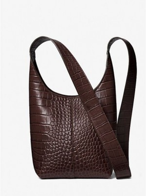 τσάντα hobo γυναικεια Michael Kors Dede Mini Crocodile Embossed δερματινα σοκολάτα | 461923-DFY