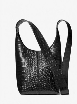 τσάντα hobo γυναικεια Michael Kors Dede Mini Crocodile Embossed δερματινα μαυρα | 309512-WUZ