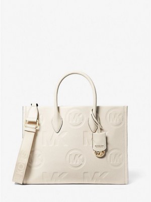 τσάντεσ tote γυναικεια Michael Kors Mirella Medium Logo Embossed Pebbled δερματινα κρέμα | 842079-GPB