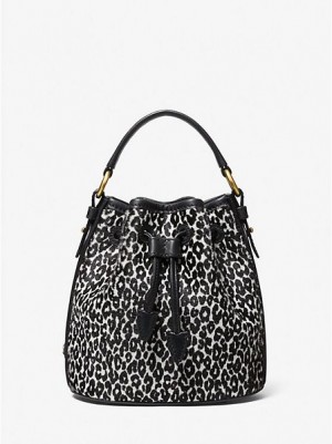 bucket bags γυναικεια Michael Kors Monogramme Small Leopard Print Calf Hair μαυρα ασπρα | 920671-WPA