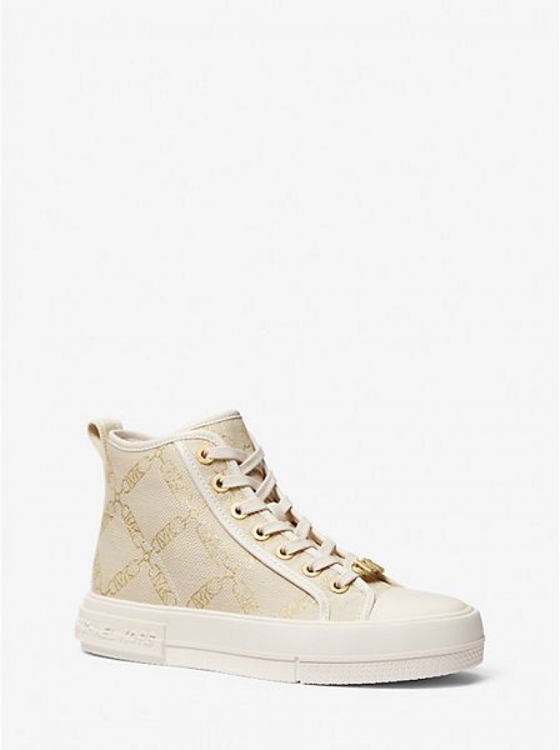 High Top Sneakers γυναικεια Michael Kors Evy Metallic Empire Logo Jacquard χρυσο χρωμα Μπεζ | 425138-FPR