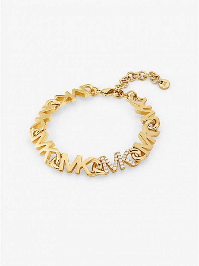 Βραχιόλια γυναικεια Michael Kors 14k Gold Plated-plated Brass Pave Logo Chain χρυσο χρωμα | 236451-GXH