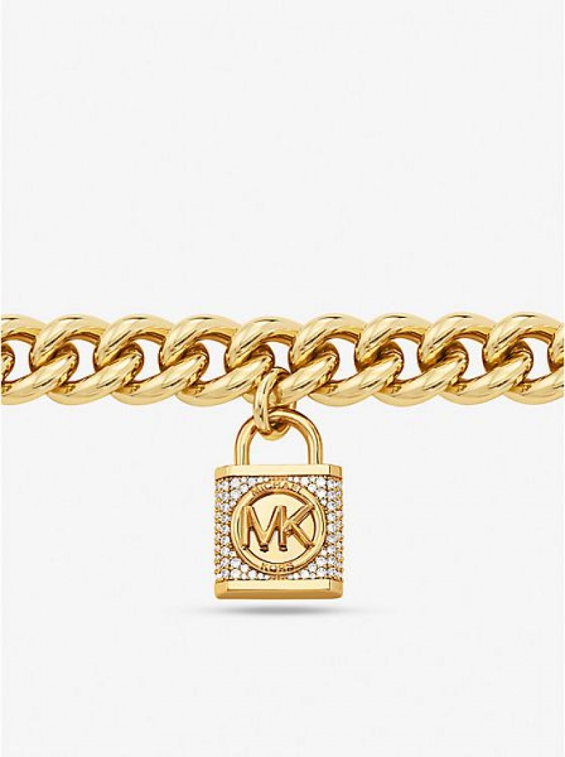 κολιέ γυναικεια Michael Kors 14k Gold-plated Brass Pave Lock Curb Link χρυσο χρωμα | 097384-RLX