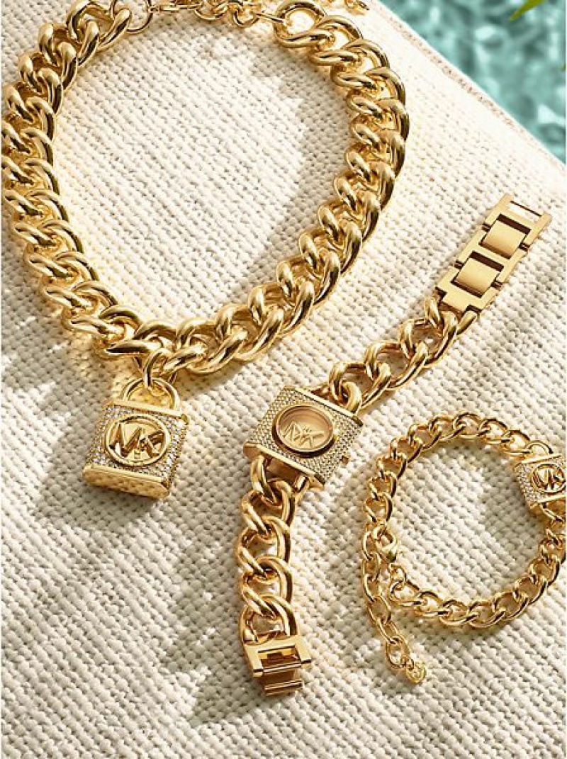 κολιέ γυναικεια Michael Kors 14k Gold-plated Brass Pave Lock Curb Link χρυσο χρωμα | 097384-RLX