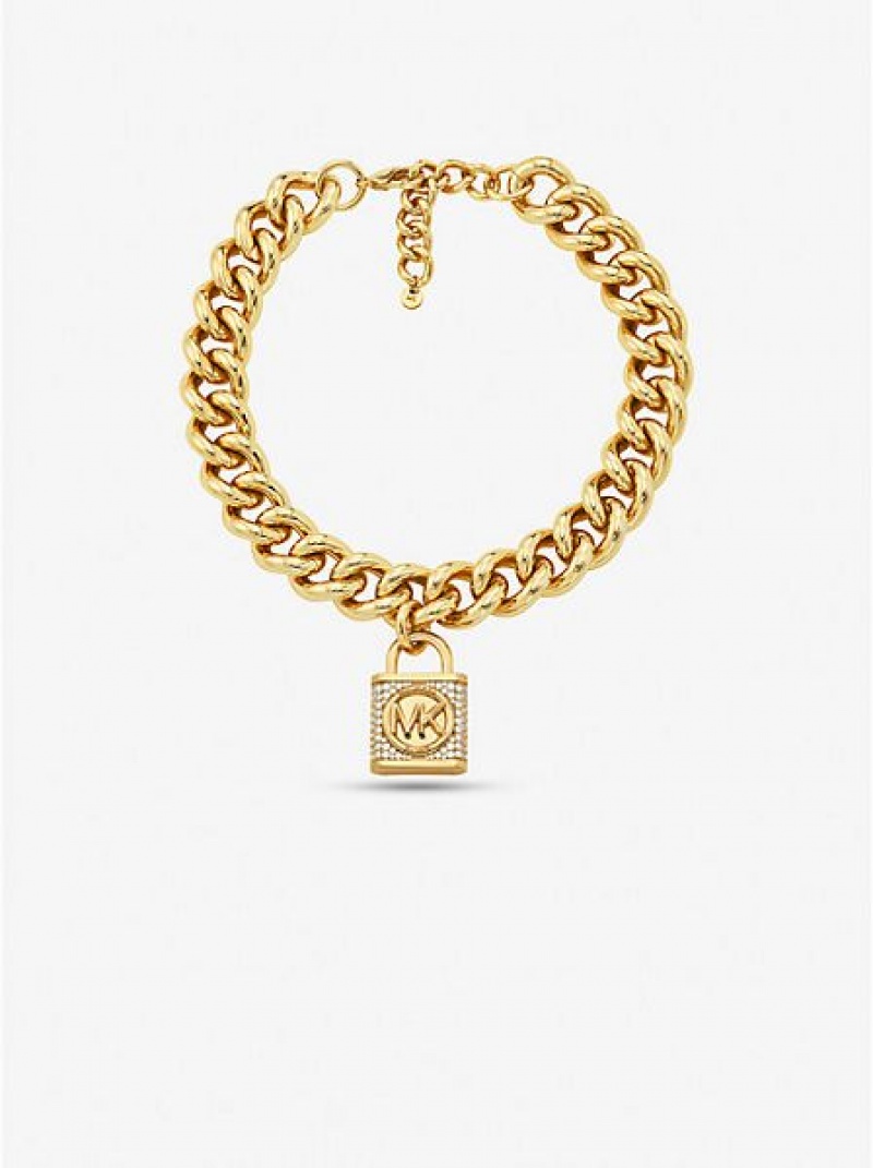 κολιέ γυναικεια Michael Kors 14k Gold-plated Brass Pave Lock Curb Link χρυσο χρωμα | 097384-RLX