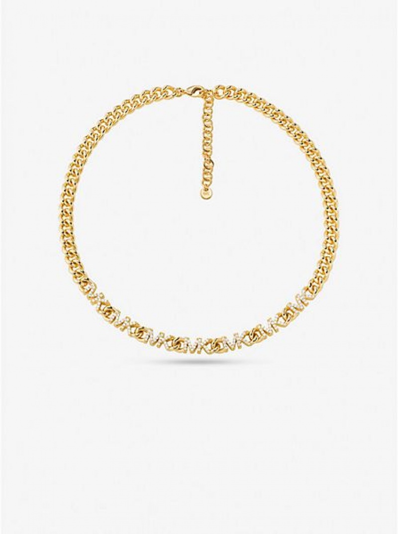 κολιέ γυναικεια Michael Kors 14k Gold-plated Brass Pave Logo Chain χρυσο χρωμα | 391654-ZSW