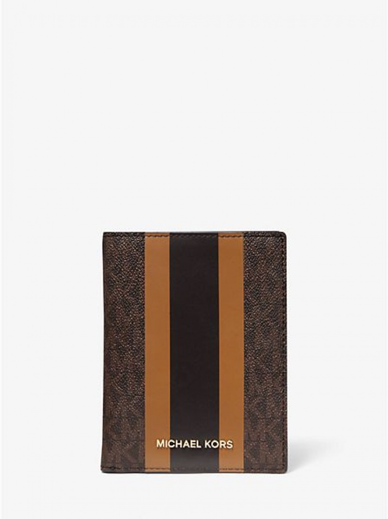 πορτοφολια γυναικεια Michael Kors Bedford Travel Medium Logo Stripe Passport καφε | 562093-LGD