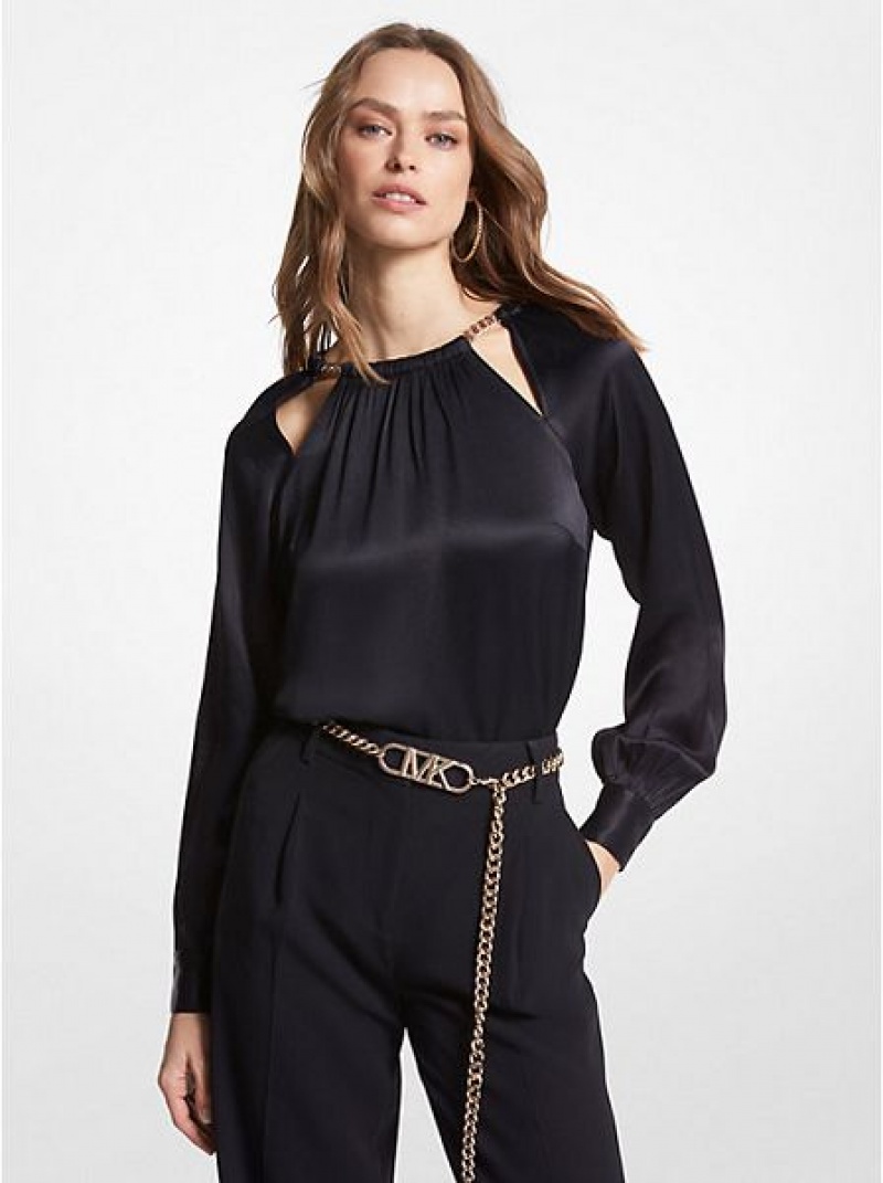 μπλούζα γυναικεια Michael Kors Chain-link Cutout Charmeuse μαυρα | 102938-POJ