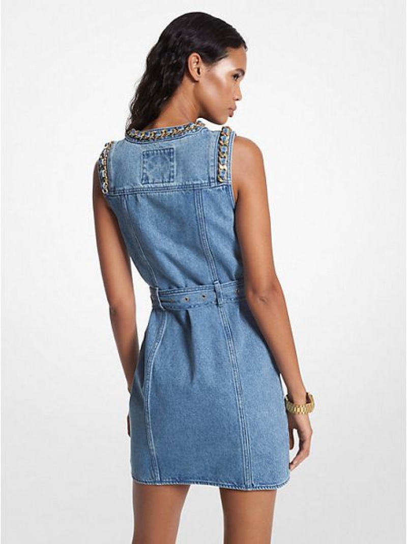 φορεμα γυναικεια Michael Kors Chain-link Denim Belted μπλε ανοιχτο μπλε | 068915-GPM