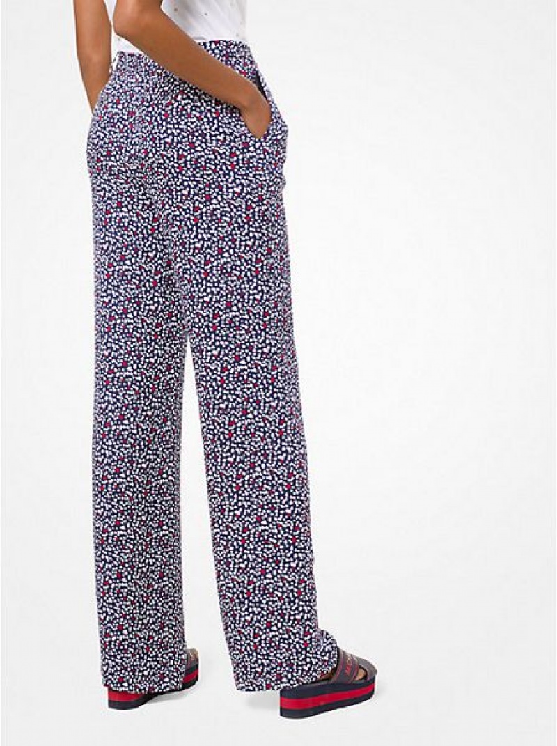 παντελονι γυναικεια Michael Kors Heart-print Silk-georgette Pajama ασπρα σκουρο μπλε | 814273-JUR