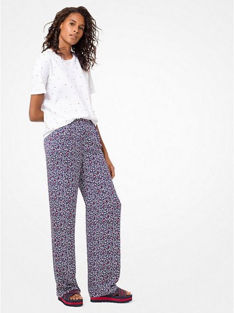 παντελονι γυναικεια Michael Kors Heart-print Silk-georgette Pajama ασπρα σκουρο μπλε | 814273-JUR