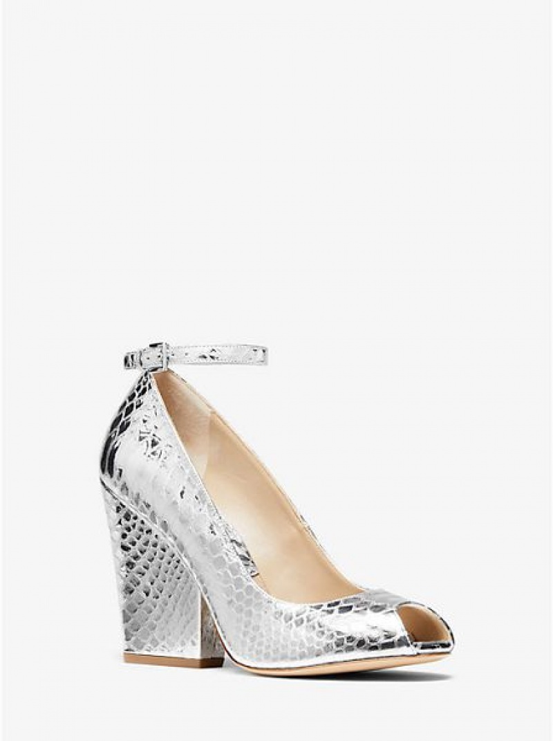 Γοβεσ γυναικεια Michael Kors Julianne Metallic Python-embossed δερματινα Peep-toe ασημι | 056947-VCX