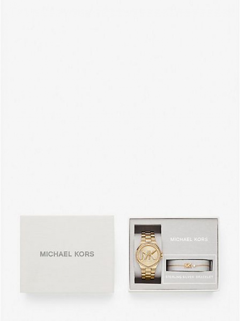 Ρολογια γυναικεια Michael Kors Lennox Pave Logo χρυσο χρωμα | 638127-EZW