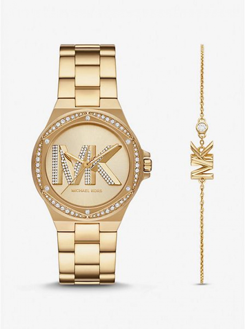 Ρολογια γυναικεια Michael Kors Lennox Pave Logo χρυσο χρωμα | 638127-EZW