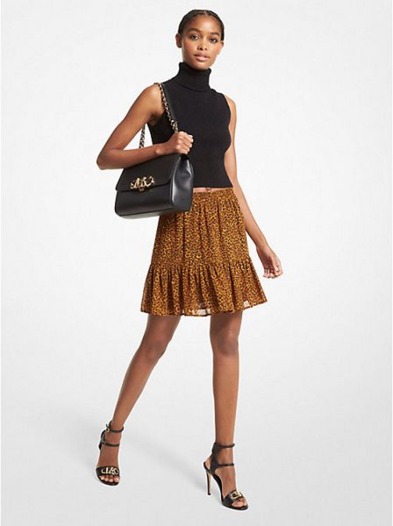 φουστεσ γυναικεια Michael Kors Leopard Print Georgette Ruffled κίτρινα χρυσο χρωμα | 430291-WKF