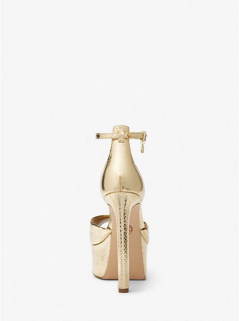 Γοβεσ γυναικεια Michael Kors Martina Metallic Snake Embossed δερματινα Peep-toe flatforms χρυσο χρωμα | 750613-HIN