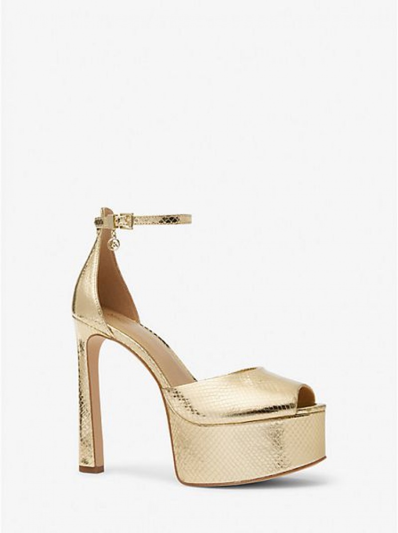 Γοβεσ γυναικεια Michael Kors Martina Metallic Snake Embossed δερματινα Peep-toe flatforms χρυσο χρωμα | 750613-HIN