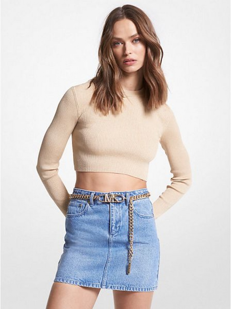 Πουλόβερ γυναικεια Michael Kors Metallic Πλευρωτός Knit Cropped χρυσο χρωμα | 524378-DNZ