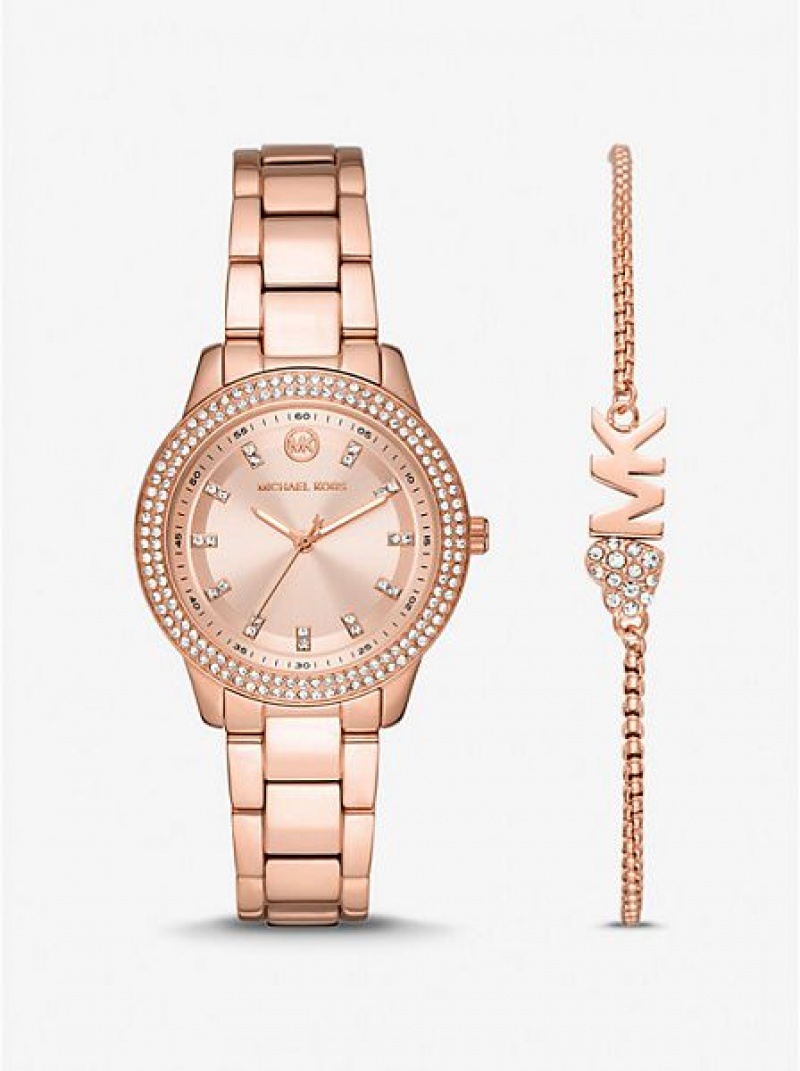 Ρολογια γυναικεια Michael Kors Mini Tibby Pave ροζ χρυσο χρωμα | 206985-LVX