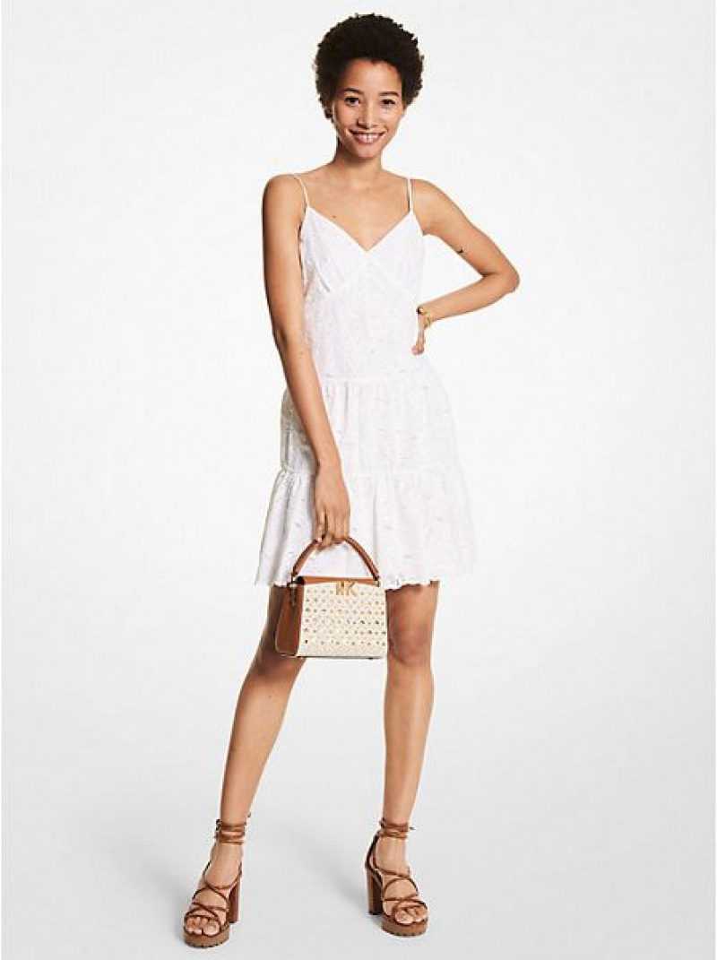 φορεμα γυναικεια Michael Kors Palm Eyelet βαμβακερα Slip ασπρα | 639851-AUV