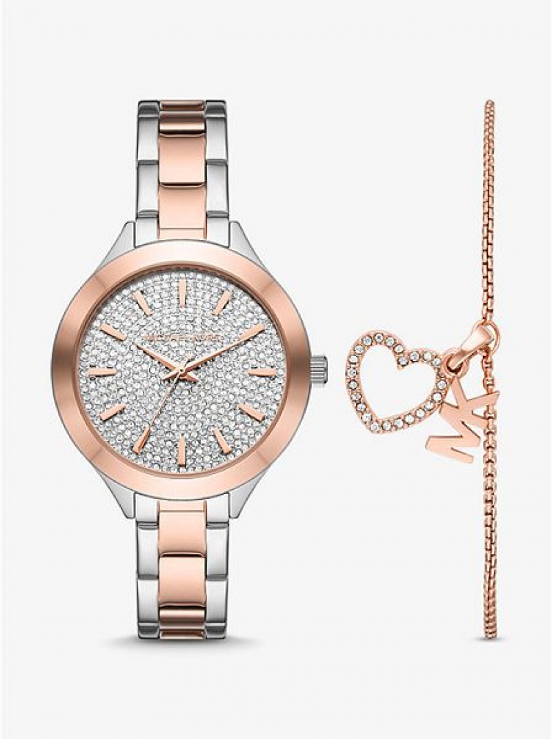 Ρολογια γυναικεια Michael Kors Pave And Heart Bracelet Set ασημι ροζ | 831967-ECV