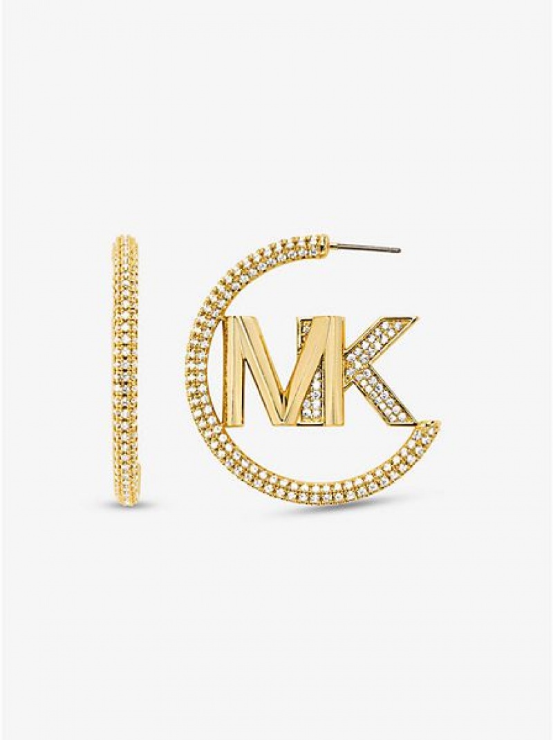 Σκουλαρίκια γυναικεια Michael Kors Precious Metal-plated Brass Pave Logo Hoop χρυσο χρωμα | 634271-MFA