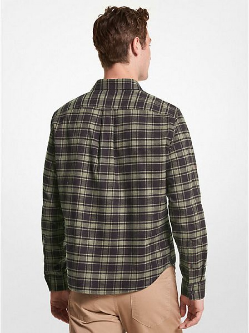 πουκαμισα ανδρικα Michael Kors Slim-fit Plaid βαμβακερα Flannel Ελιά | 352487-DXQ