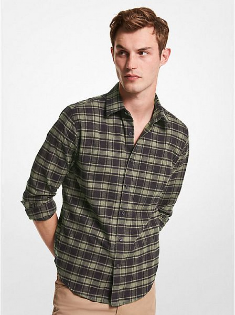 πουκαμισα ανδρικα Michael Kors Slim-fit Plaid βαμβακερα Flannel Ελιά | 352487-DXQ