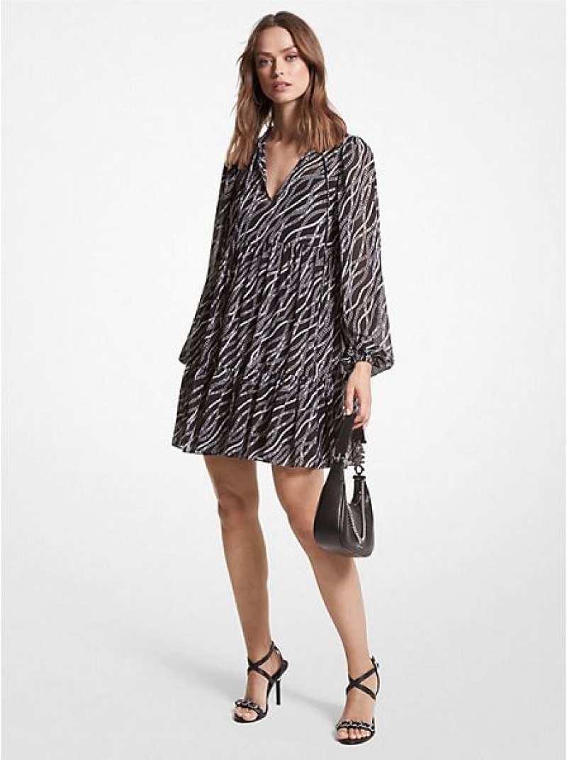 φορεμα γυναικεια Michael Kors Status Print Georgette Babydoll μαυρα | 904513-JKW