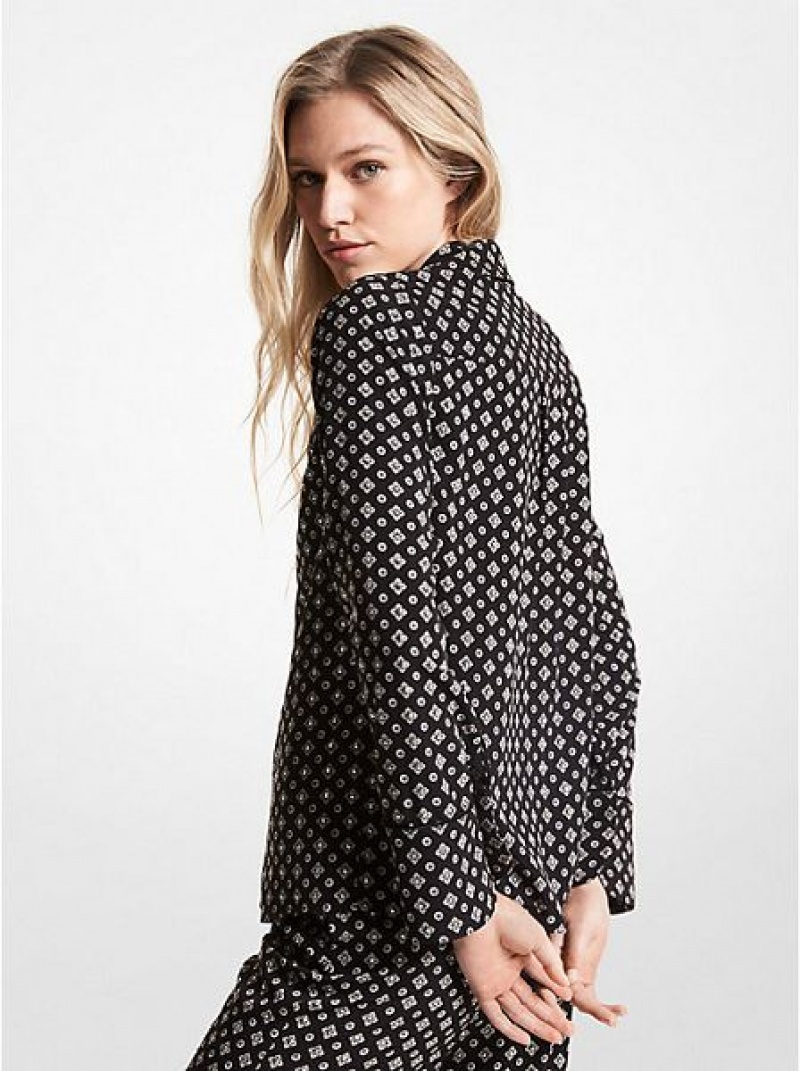 πουκαμισα γυναικεια Michael Kors Studded Medallion Crushed Crepe Pajama μαυρα ασπρα | 418795-UCD