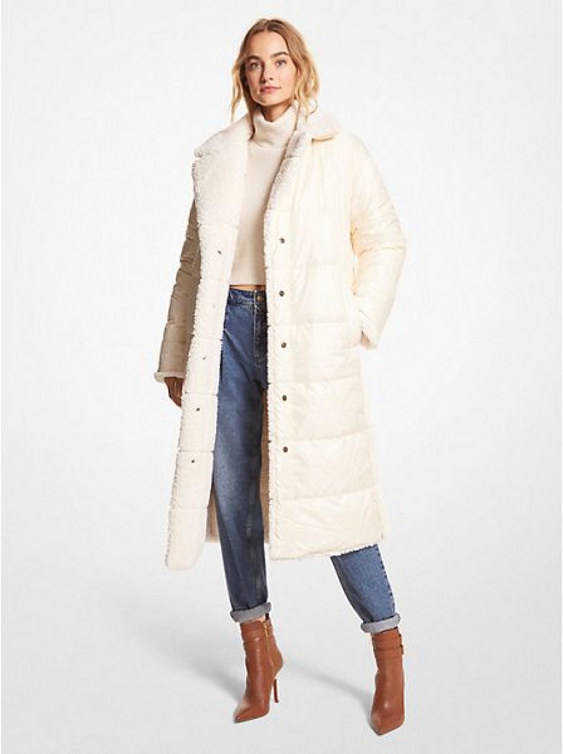 παλτό γυναικεια Michael Kors Καπιτονέ Cire And Faux Shearling Reversible Puffer Μπεζ | 291387-WKI