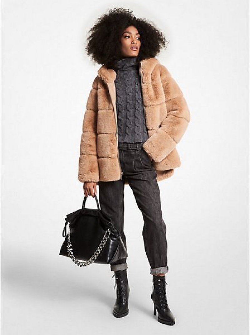 παλτό γυναικεια Michael Kors Καπιτονέ Faux Fur Κουκουλοφόρος καφε | 946702-YJG