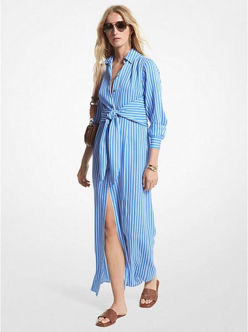 παντελονι γυναικεια Michael Kors Ριγέ Georgette Tie-front Shirtdress μπλε | 590734-NLH