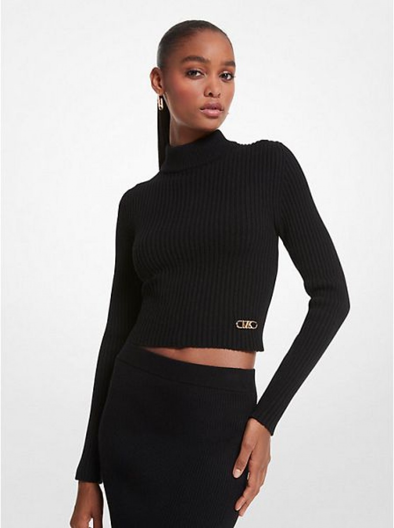 Πουλόβερ γυναικεια Michael Kors Πλευρωτός Merino Μαλλί Blend Cropped Turtleneck μαυρα | 392785-XLF