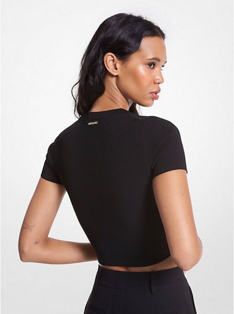 μπλουζακια γυναικεια Michael Kors Πλευρωτός Stretch Viscose Cropped μαυρα | 254798-VNE