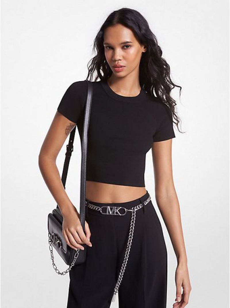 μπλουζακια γυναικεια Michael Kors Πλευρωτός Stretch Viscose Cropped μαυρα | 254798-VNE