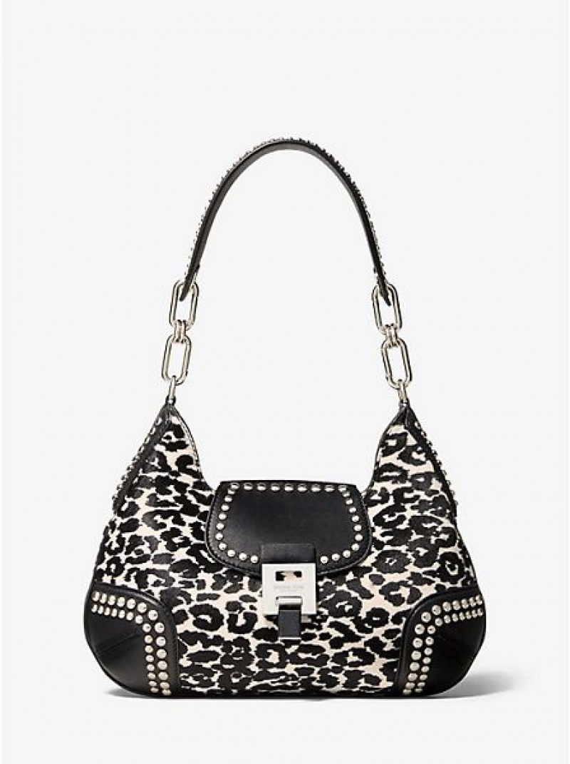 τσάντεσ ώμου γυναικεια Michael Kors Bancroft Medium Leopard Calf Hair And Studded δερματινα ασπρα | 362174-SWN