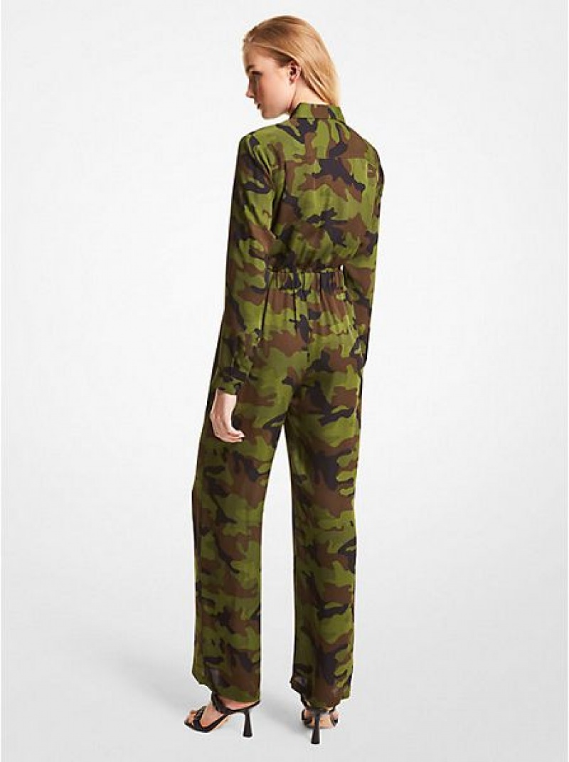 Ολόσωμη Φόρμα γυναικεια Michael Kors Camouflage Silk Georgette Ελιά | 819642-EWT