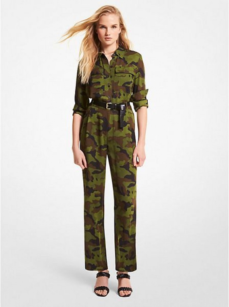 Ολόσωμη Φόρμα γυναικεια Michael Kors Camouflage Silk Georgette Ελιά | 819642-EWT