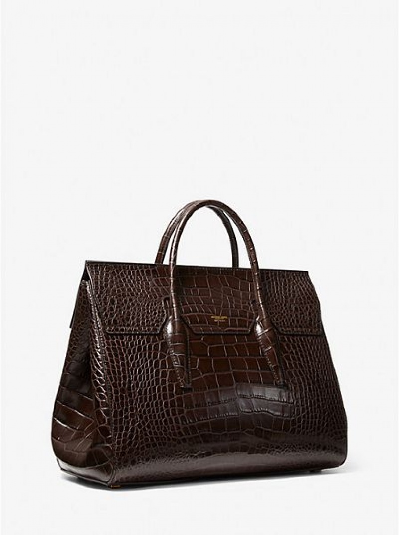 σαββατοκύριακο τσάντα γυναικεια Michael Kors Campbell Crocodile Embossed δερματινα σοκολάτα | 475361-NBF