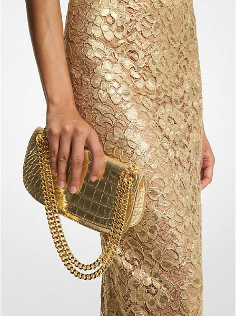 Μίνι Τσάντες γυναικεια Michael Kors Christie Metallic Crocodile Embossed δερματινα Envelope χρυσο χρωμα | 610752-EAW